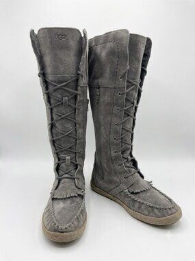 UGG Australia Tall Lace Up Moccasin Boots Gray Suede Womens 6.5 Fringe
